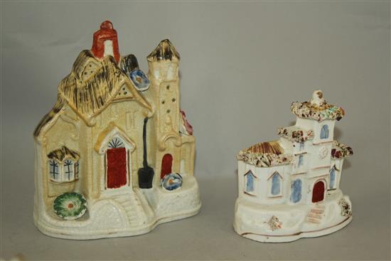 Six Staffordshire porcelain thatched roof models of houses and cottages, mid 19th century, height 10.5 - 15.5cm